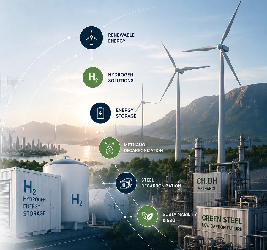Energy transition infrastructure: wind turbines, hydrogen storage vessels, a methanol plant and a green steel facility, annotated with six advisory areas: renewable energy, hydrogen solutions, energy storage, methanol decarbonisation, steel decarbonisation, and sustainability and ESG.